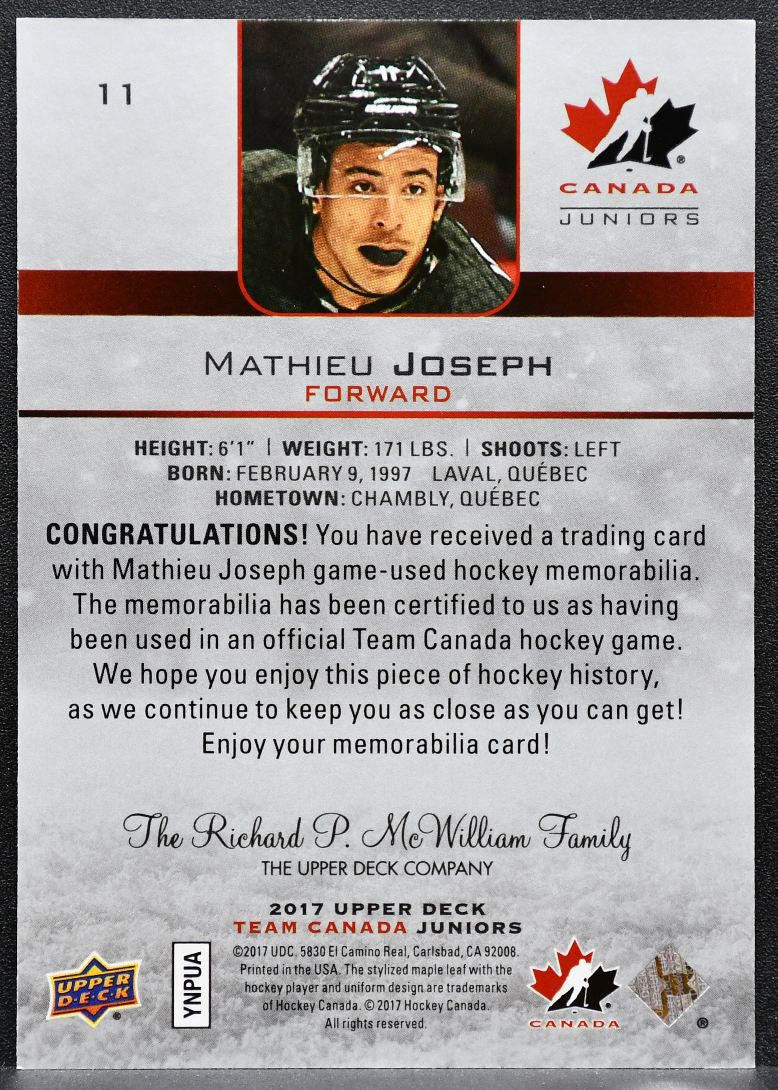 2017-18 UD Team Canada Juniors Jerseys Mathieu Joseph 11 Canada Jersey 4824