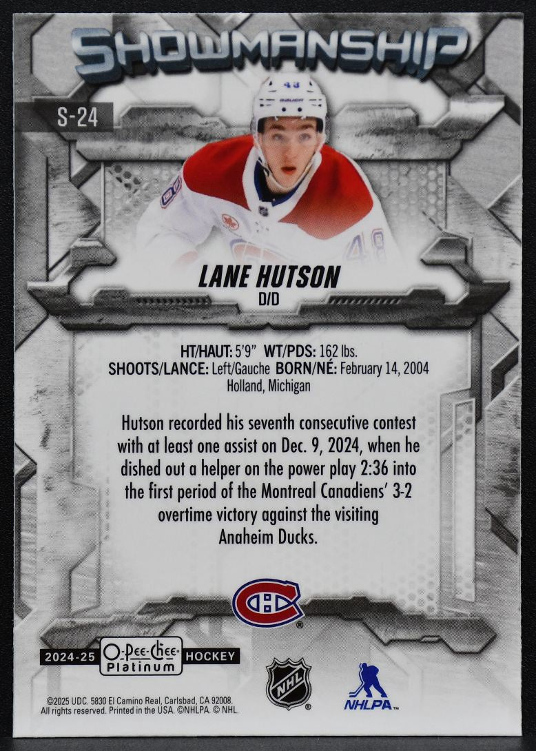 2024-25 O-Pee-Chee Platinum Showmanship Lane Hutson S-24 Canadiens RC 7129