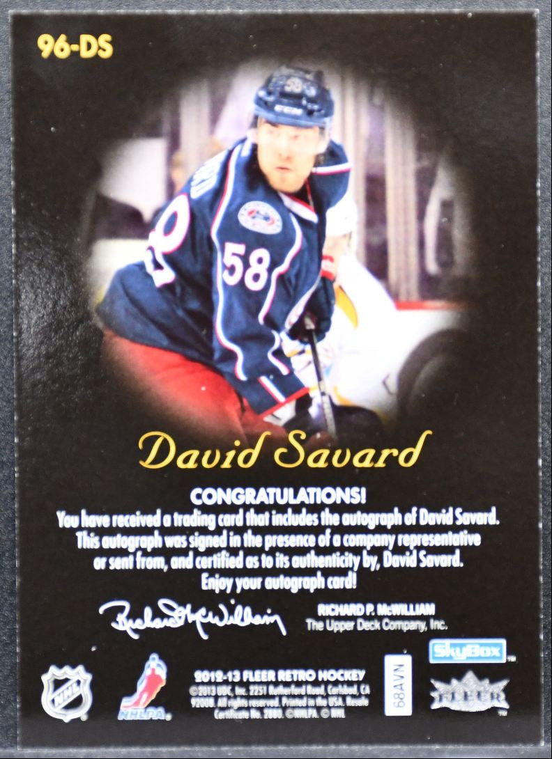 2012-13 Fleer Retro 1996-97 Skybox Autographics David Savard Jackets Auto 0802