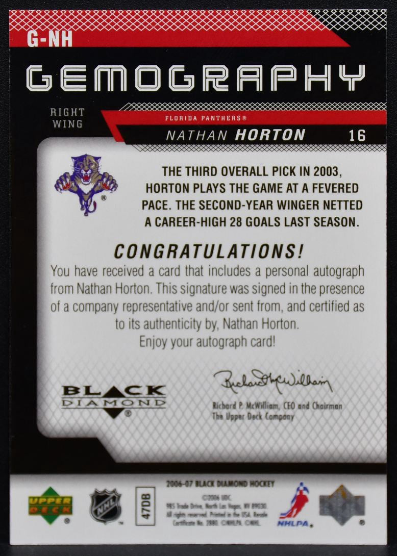 2006-07 UD Black Diamond Gemography Nathan Horton G-NH Panthers Auto 1806