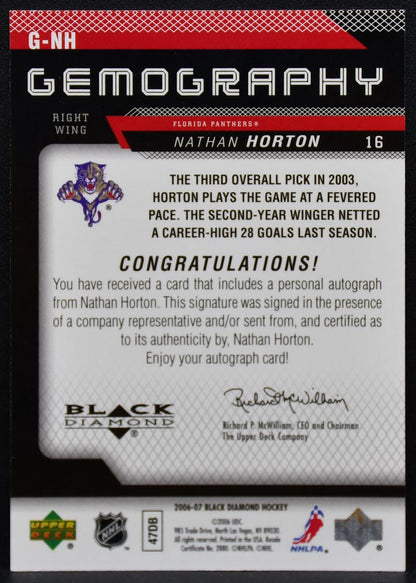2006-07 UD Black Diamond Gemography Nathan Horton G-NH Panthers Auto 1806