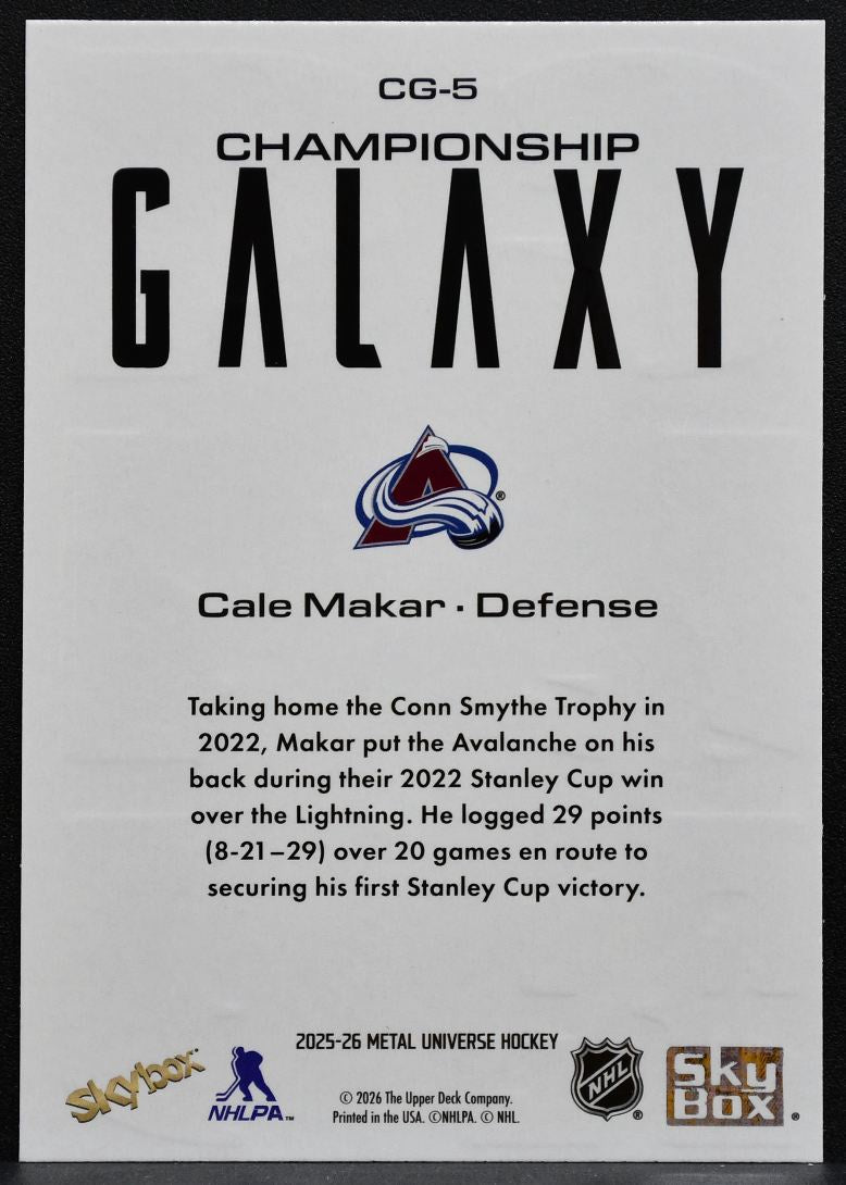 2025-26 SkyBox Metal Universe Championship Galaxy Cale Makar CG-5 Avalanche 9706