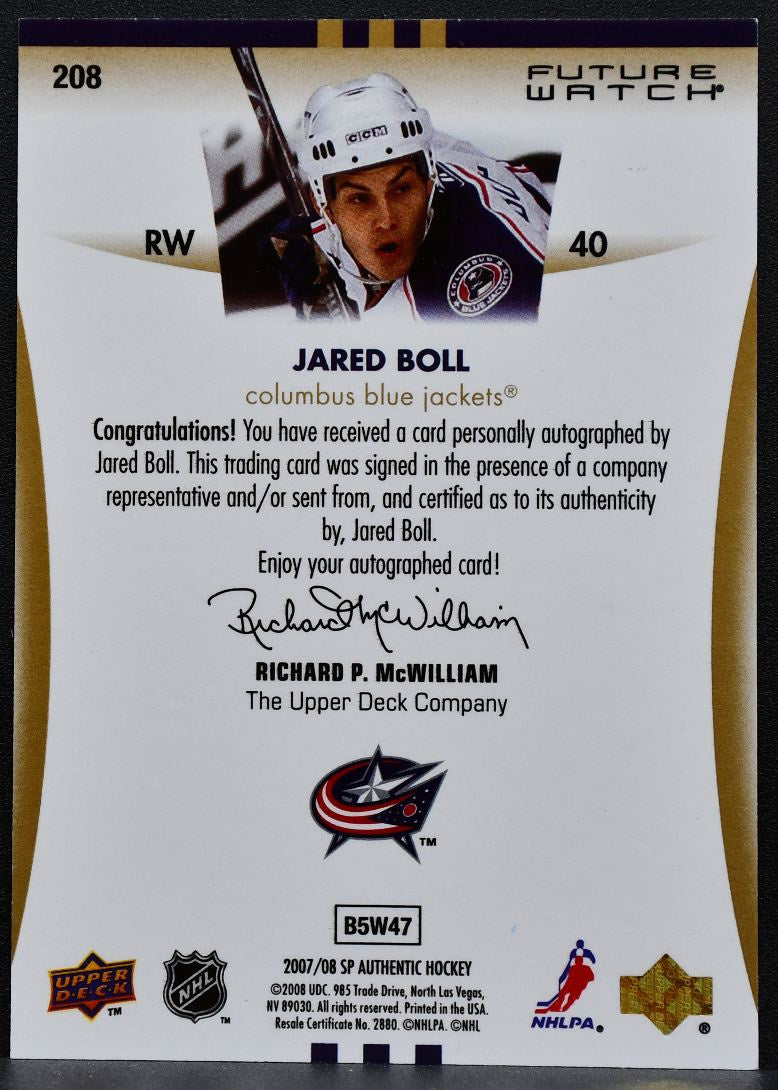 2007-08 SP Authentic Future Watch Auto Jared Boll Blue Jackets RC Auto 8276