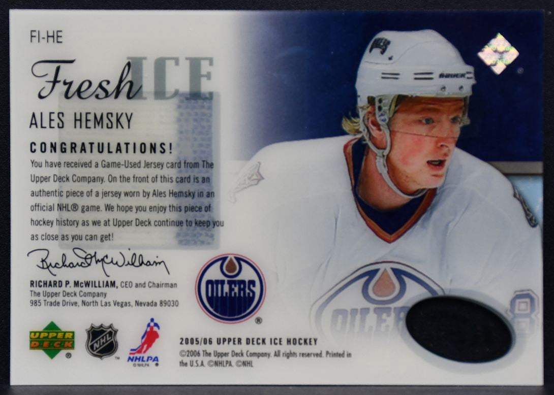 2005-06 Upper Deck Ice Fresh Jersey Ales Hemsky FI-HE Edmonton Oilers RC Jersey 3049