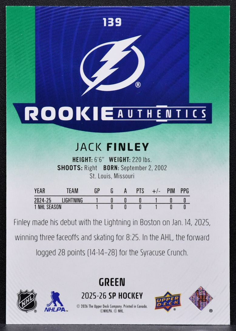 2025-26 SP Rookie Authentics Green Jack Finley 139 Lightning RC 01/25 7788
