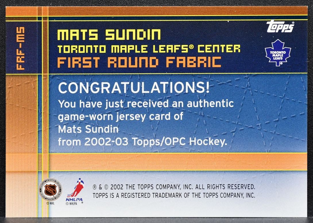2002-03 Topps First Round Fabric Mats Sundin FRF-MS Maple Leafs Jersey 6194