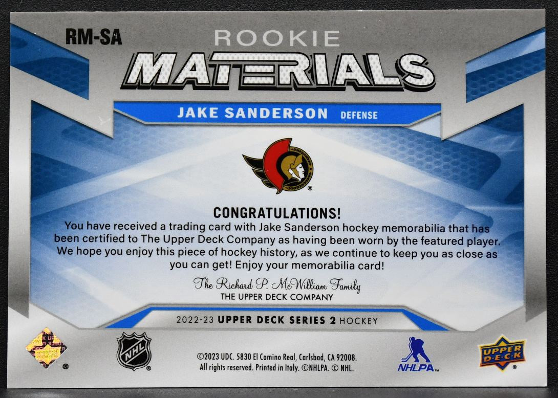 2022-23 Upper Deck Rookie Materials Jake Sanderson RM-SA RC Jersey 8586
