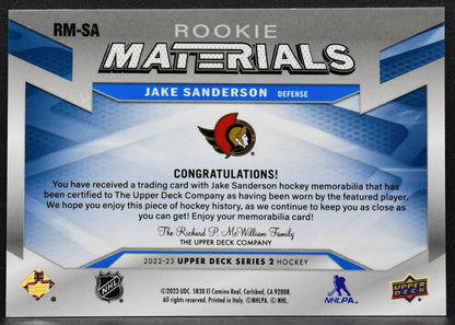 2022-23 Upper Deck Rookie Materials Jake Sanderson RM-SA RC Jersey 8586