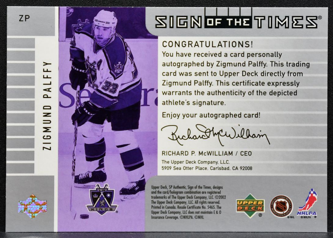 2001-02 SP Authentic Sign of the Times Zigmund Palffy ZP Kings Auto 7231