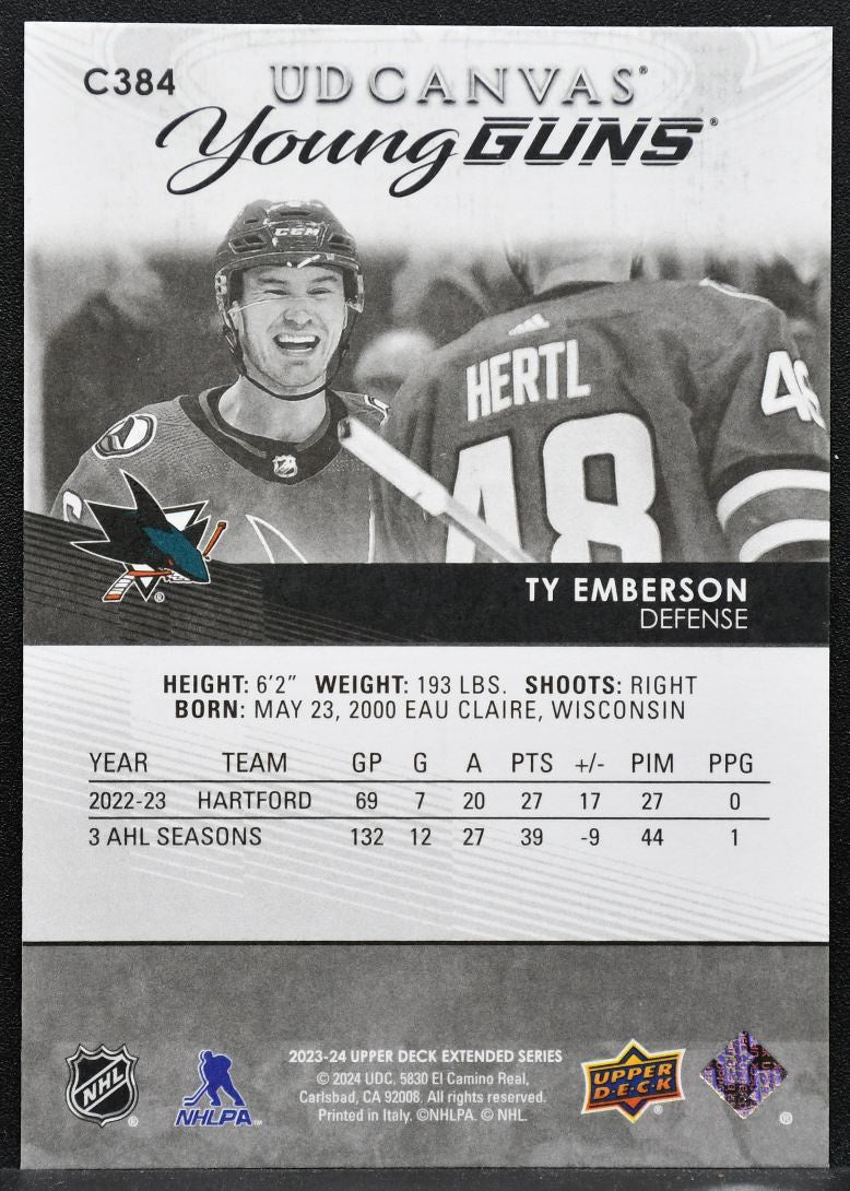 2023-24 UD Extended Series UD Canvas Young Guns Black Ty Emberson Sharks 5715