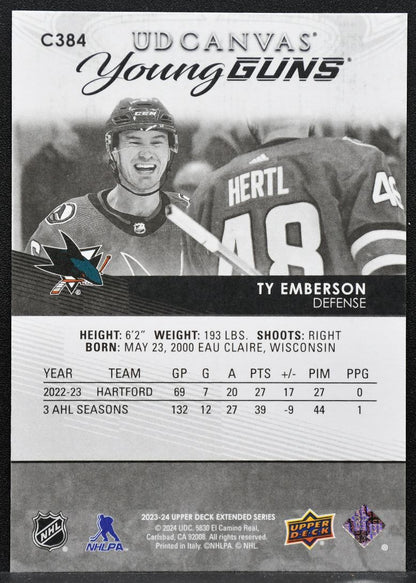 2023-24 UD Extended Series UD Canvas Young Guns Black Ty Emberson Sharks 5715