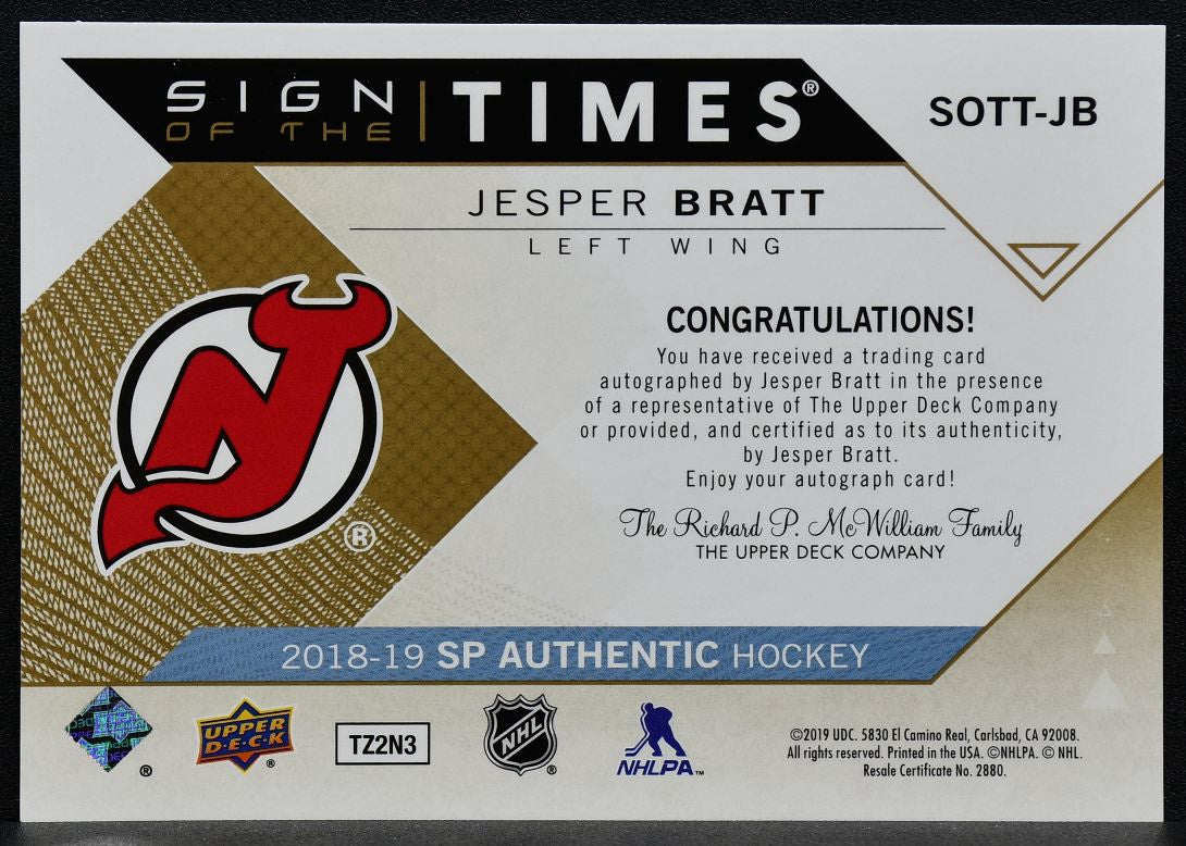 2018-19 SP Authentic Sign of the Times Jesper Bratt SOTT-JB Auto 9989