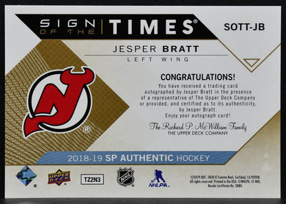2018-19 SP Authentic Sign of the Times Jesper Bratt SOTT-JB Auto 9989