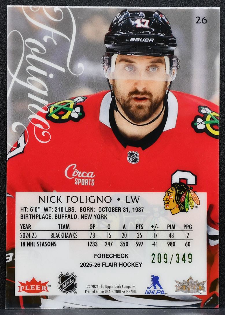 2025-26 Flair Forecheck Variant Nick Foligno 26 Chicago Blackhawks 209/349 0399