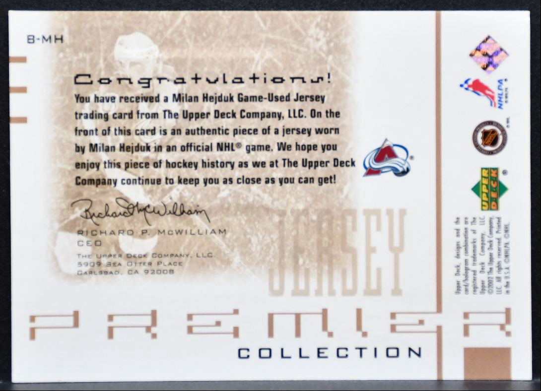2001-02 UD Premier Collection Jerseys Milan Hejduk Avalanche 125/300 Jersey 8970
