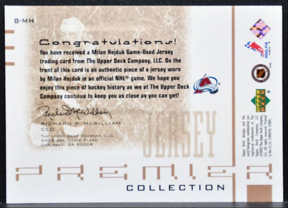 2001-02 UD Premier Collection Jerseys Milan Hejduk Avalanche 125/300 Jersey 8970