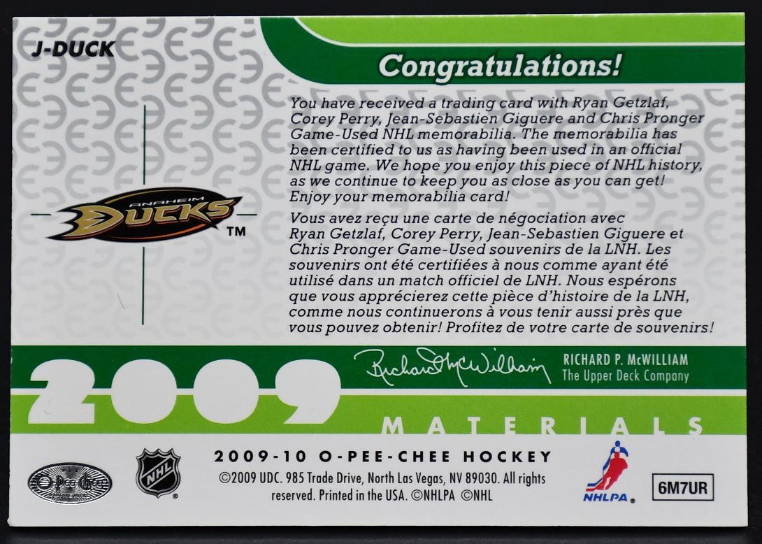 2009-10 OPC Materals Pronger/Perry/Giguere/Ryan Getzlaf J-DUCK Jersey