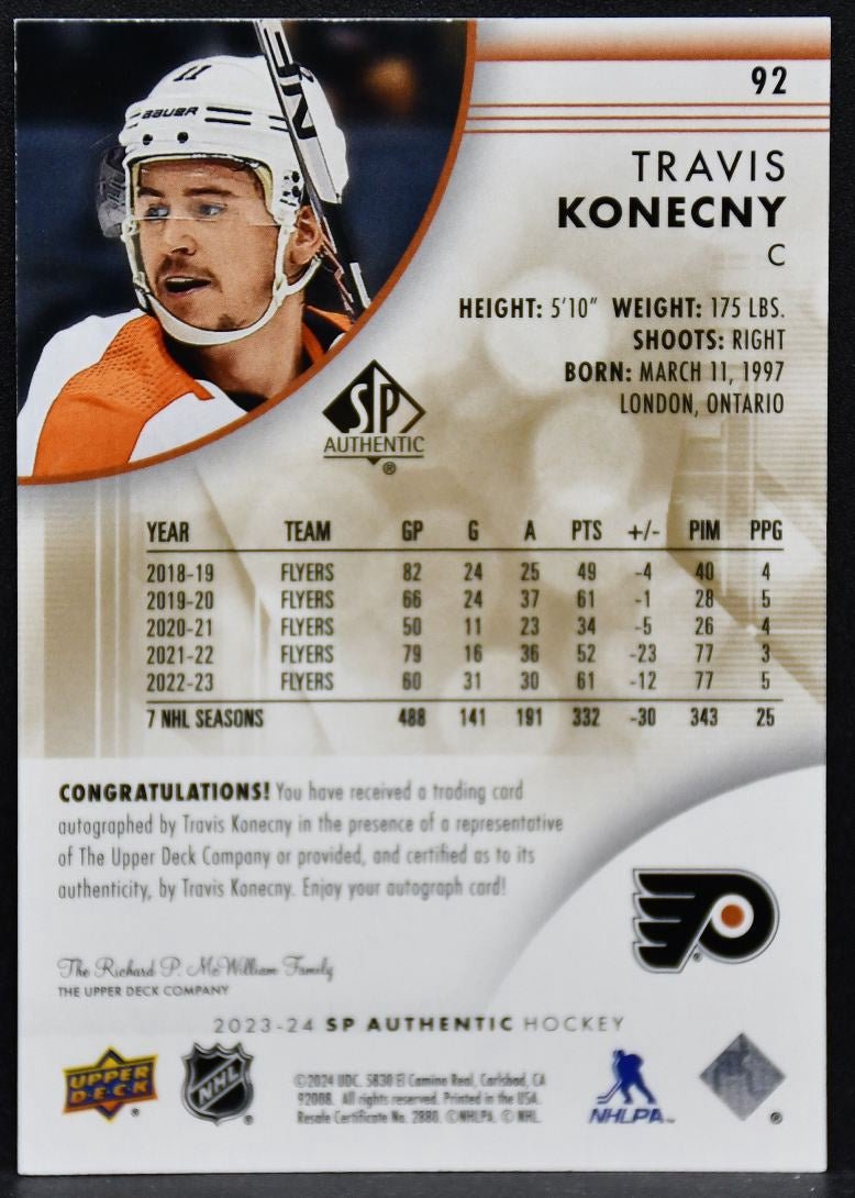 2023-24 SP Authentic Limited Auto Travis Konecny 92 Philadelphia Flyers Auto #1