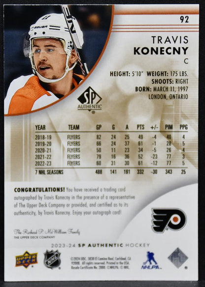 2023-24 SP Authentic Limited Auto Travis Konecny 92 Philadelphia Flyers Auto #1