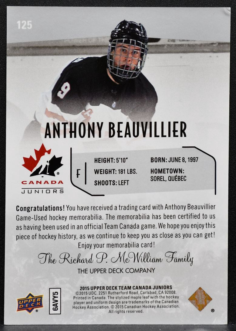 2015-16 UD Team Canada Juniors Base Jerseys Anthony Beauvillier Jersey 6588