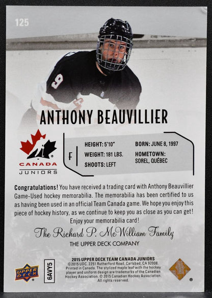 2015-16 UD Team Canada Juniors Base Jerseys Anthony Beauvillier Jersey 6588