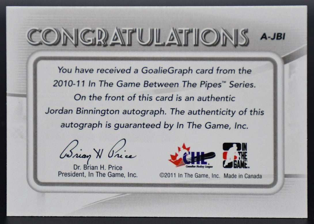 2010-11 In the Game Between the Pipes Future Stars Authentic Goaliegraph Binnington A-JBI Auto