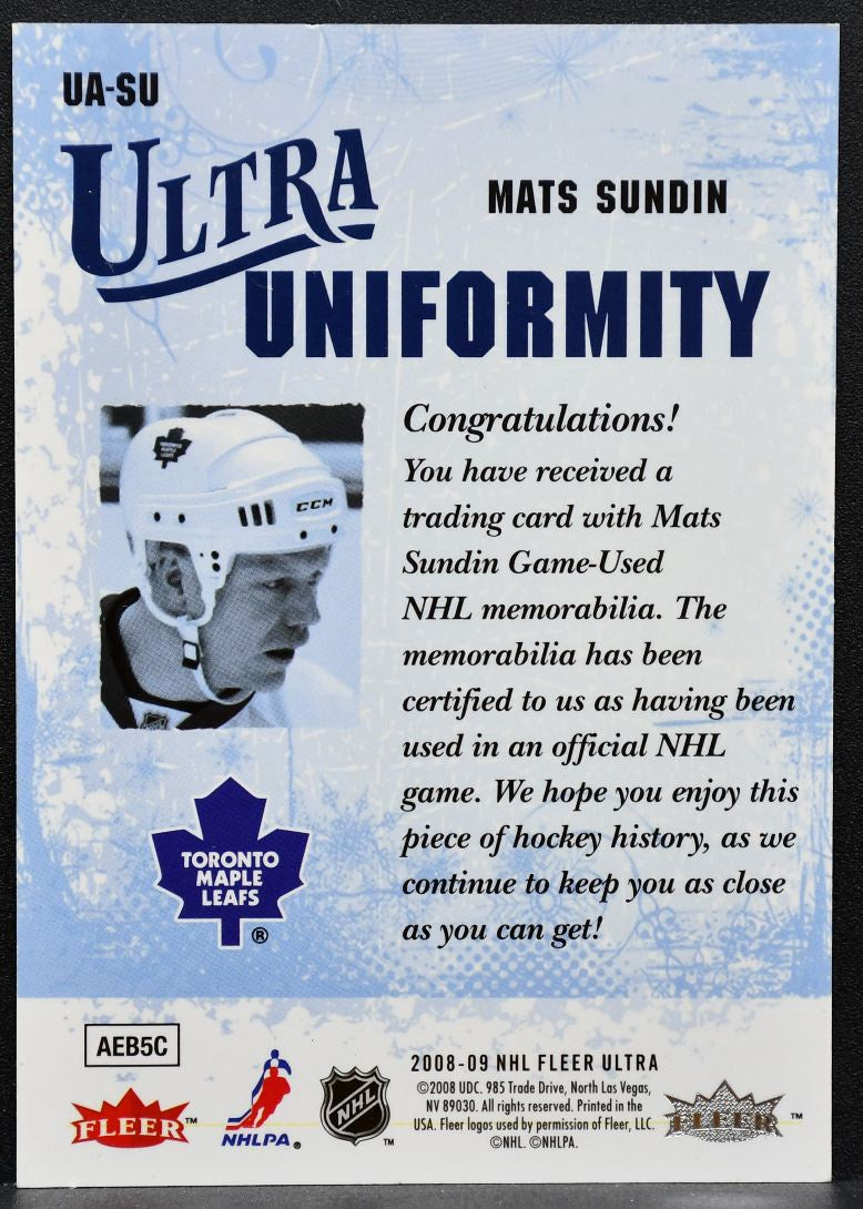 2008-09 Fleer Ultra Uniformity Mats Sundin UA-SU Toronto Maple Leafs Jersey 4652