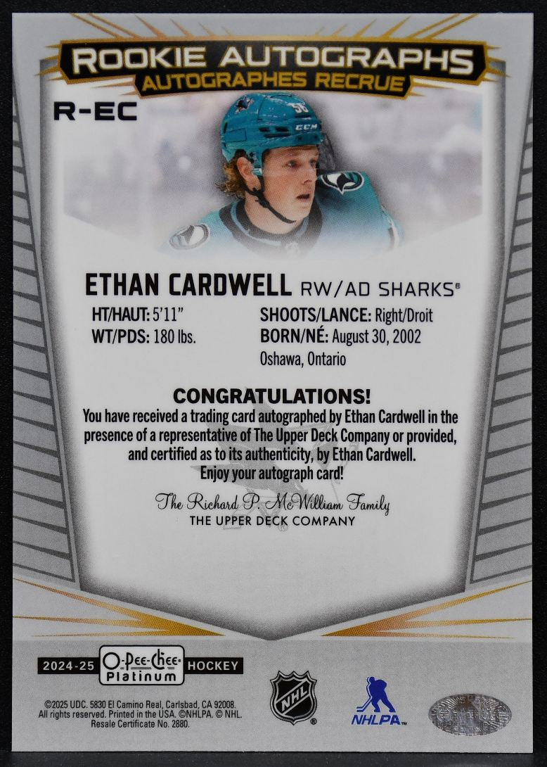 2024-25 O-Pee-Chee Platinum Rookie Auto Ethan Cardwell R-EC Sharks RC Auto 6818