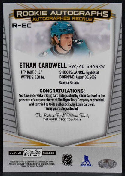 2024-25 O-Pee-Chee Platinum Rookie Auto Ethan Cardwell R-EC Sharks RC Auto 6818