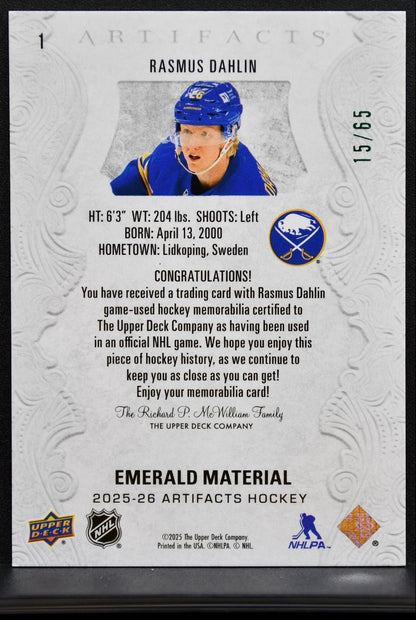 2025-26 Upper Deck Artifacts Material Emerald Rasmus Dahlin 15/65 Patch 0610