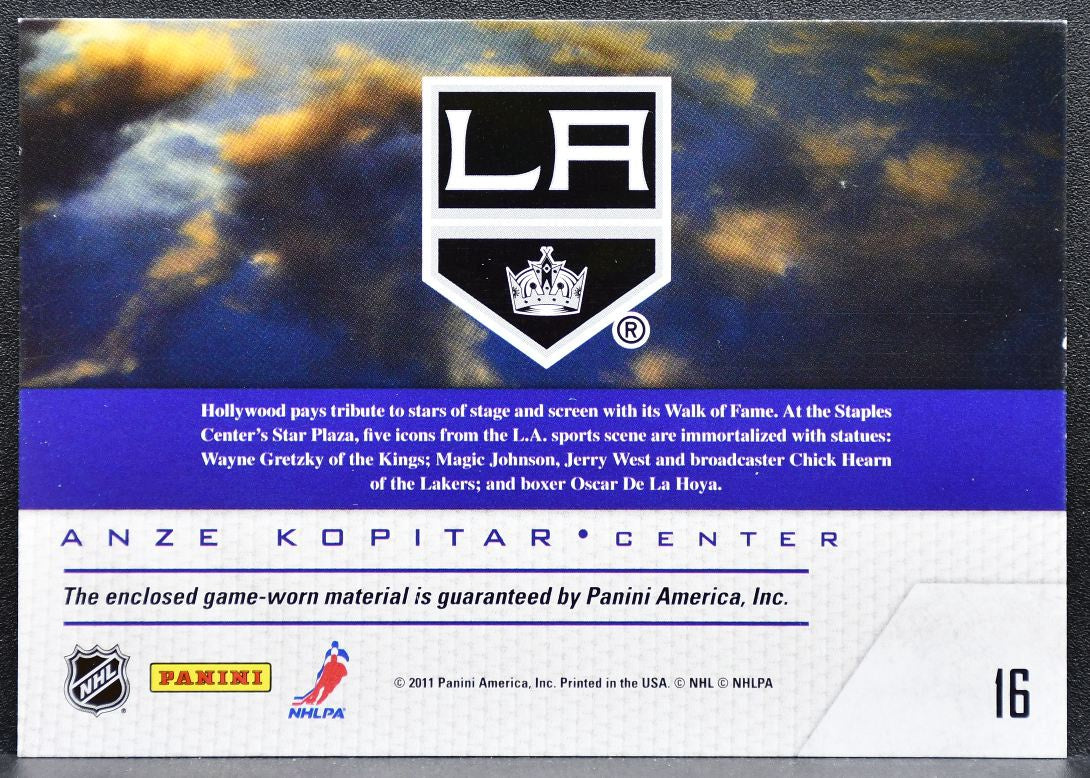 2011-12 Panini Pinnacle Game Night Materials Anze Kopitar 16 Kings Jersey 8704