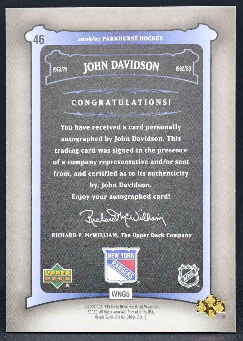 2006-07 UD Parkhurst Base Auto John Davidson 46 Auto