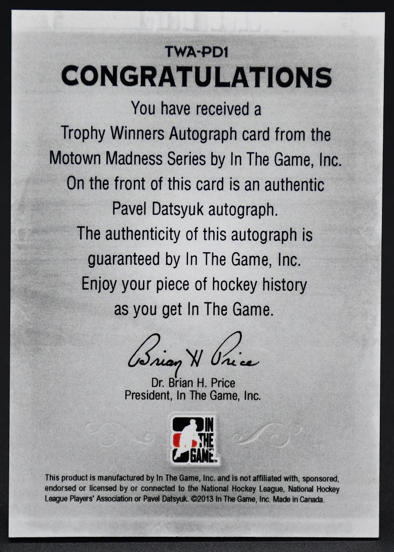 2013-14 Motown Madness Trophy Winners Autograph Pavel Datsyuk TWA-PD1 Auto