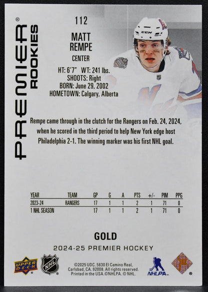 2024-25 Upper Deck Premier Rookies Gold Matt Rempe 112 Rangers RC 009/199 6029