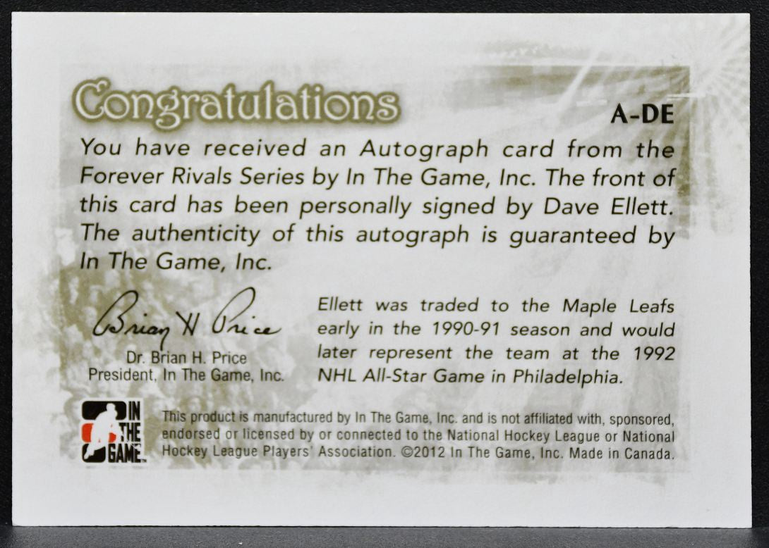 2012-13 In The Game Forever Rivals Autographs Dave Ellett Maple Leafs Auto 6883