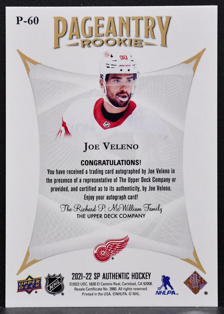 2021-22 SP Authentic Rookie Pageantry Autos Joe Veleno Red Wings RC Auto 0378