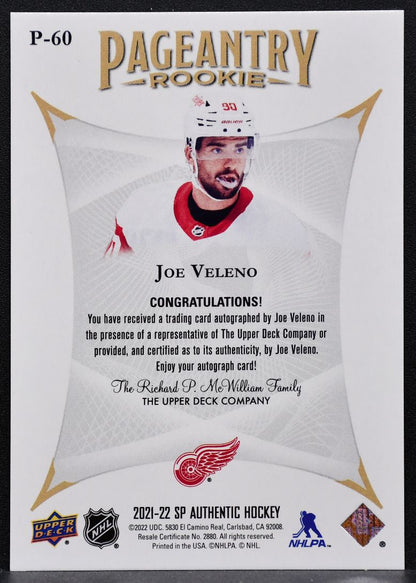 2021-22 SP Authentic Rookie Pageantry Autos Joe Veleno Red Wings RC Auto 0378