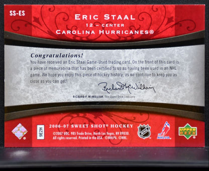 2006-07 UD Sweet Shot Stitches Eric Staal SS-ES Hurricanes 109/200 Jersey 7221