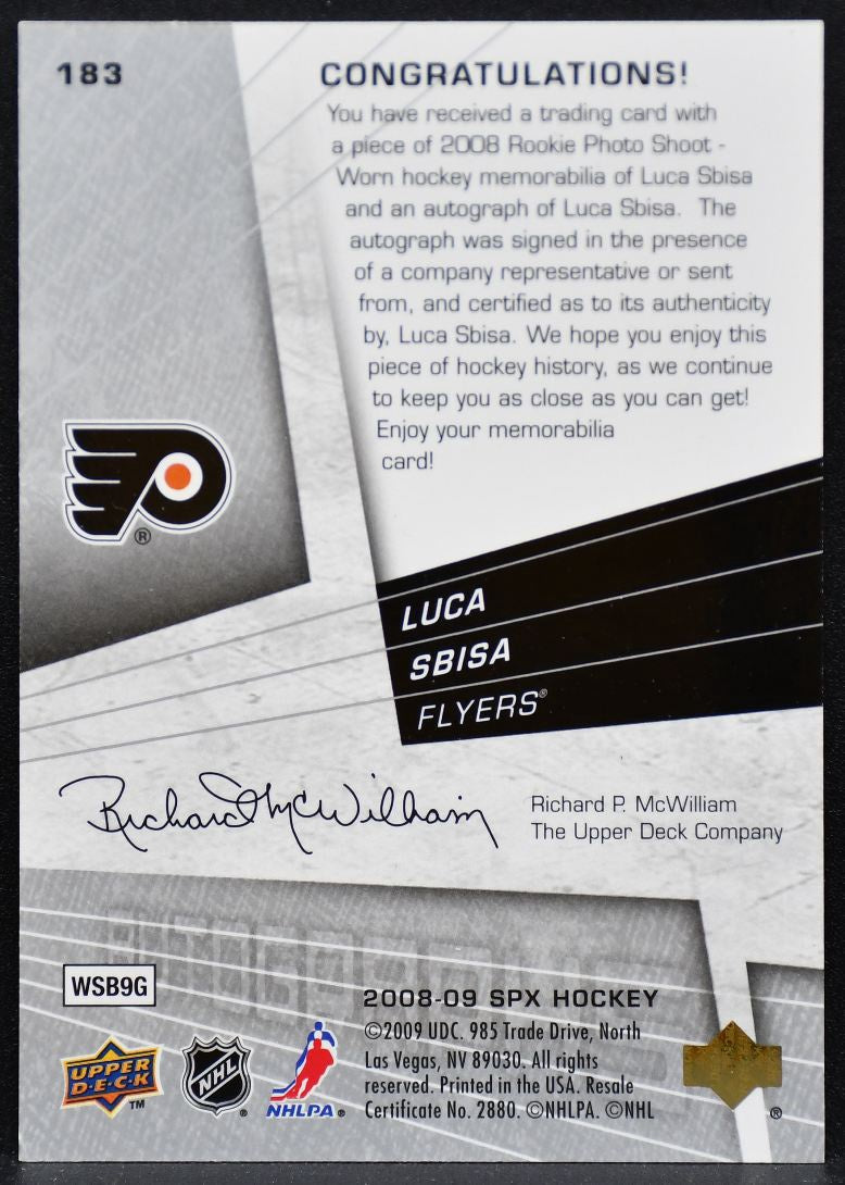 2008-09 SPx Rc Auto Jersey Luca Sbisa 183 Flyers RC Auto 590 /999 Jersey 5682