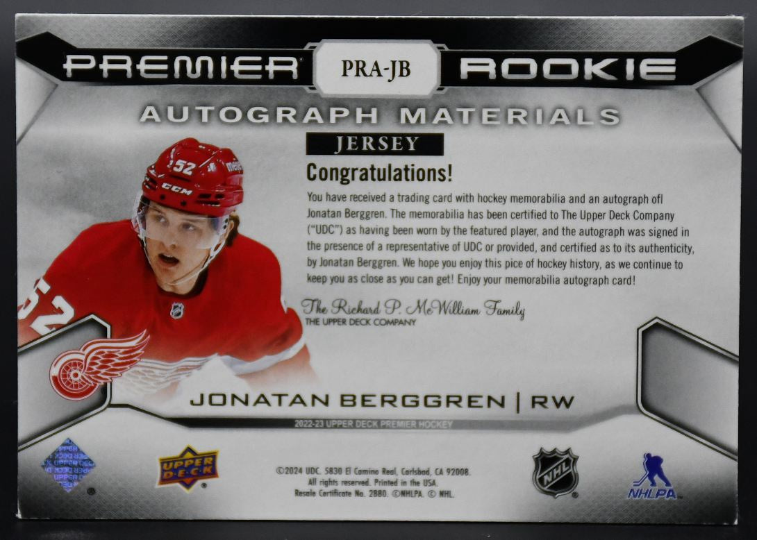 2022-23 UD Premier Jonatan Berggren PRA-JB Detroit Red Wings RC Auto /99 Jersey