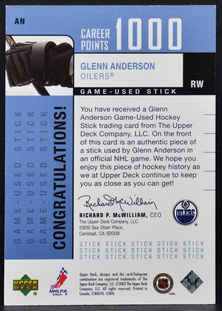 2002-03 Upper Deck Foundations 1000 Point Club Glenn Anderson AN Stick 8500