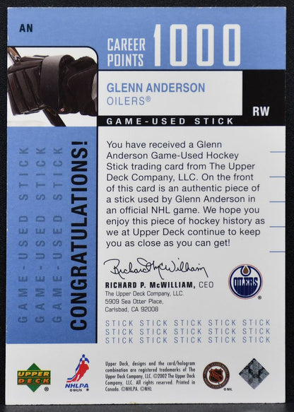 2002-03 Upper Deck Foundations 1000 Point Club Glenn Anderson AN Stick 8500