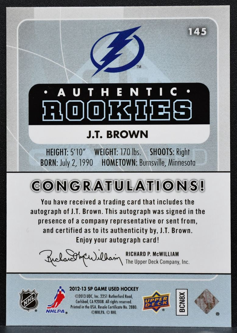 2012-13 SP Game Used Gold Authentic Rookies J.T. Brown Lightning RC Auto 1823