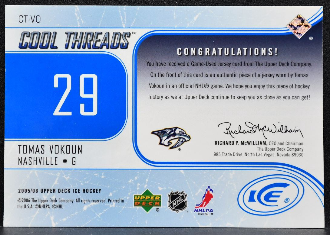 2005-06 Upper Deck Ice Cool Threads Tomas Vokoun CT-VO Predators Jersey 8856