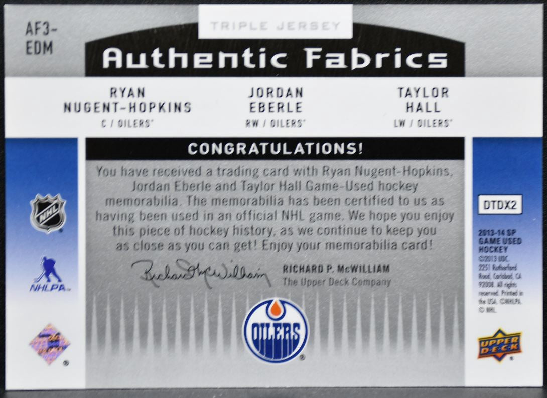 2013-14 SP GU Auth Fabrics Triple Nugent-Hopkins/Eberle/Hall Jersey 1785