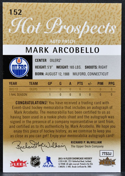 2013-14 Fleer Showcase Hot Prospects Mark Arcobello 152 Oilers RC Auto 7477