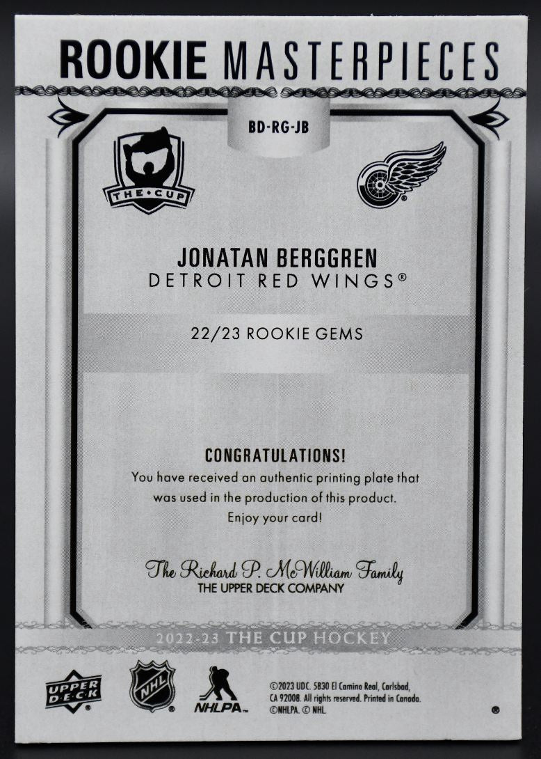 2023-24 UD The Cup Jonatan Berggren BD-RG-JB Detroit Red Wings RC 1/1