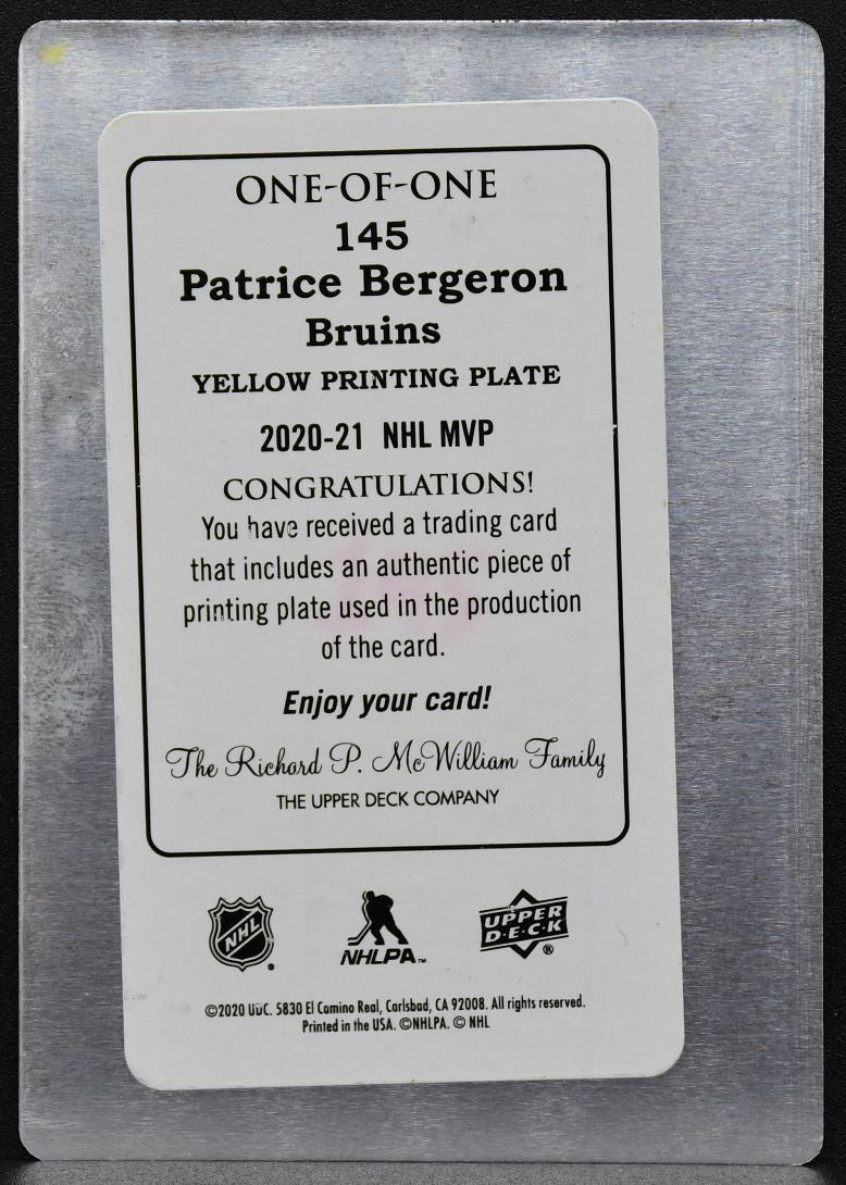 2020-21 Upper Deck MVP Yellow Printing Plate Patrice Bergeron 145 1/1 7626