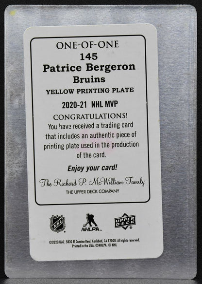 2020-21 Upper Deck MVP Yellow Printing Plate Patrice Bergeron 145 1/1 7626