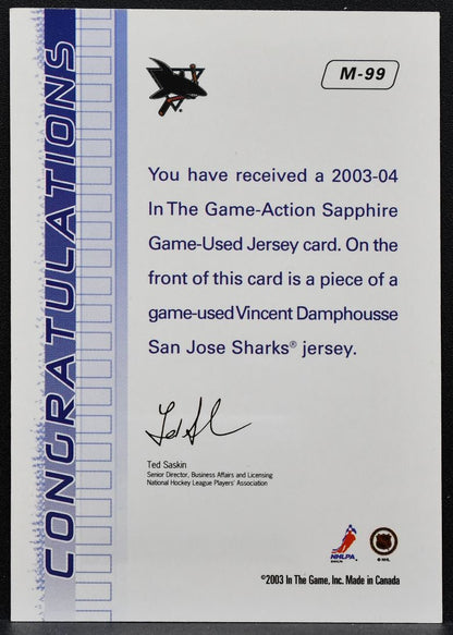 2003-04 ITG Action Sapphire Jersey Vincent Damphousse M-99 Sharks Jersey 1144